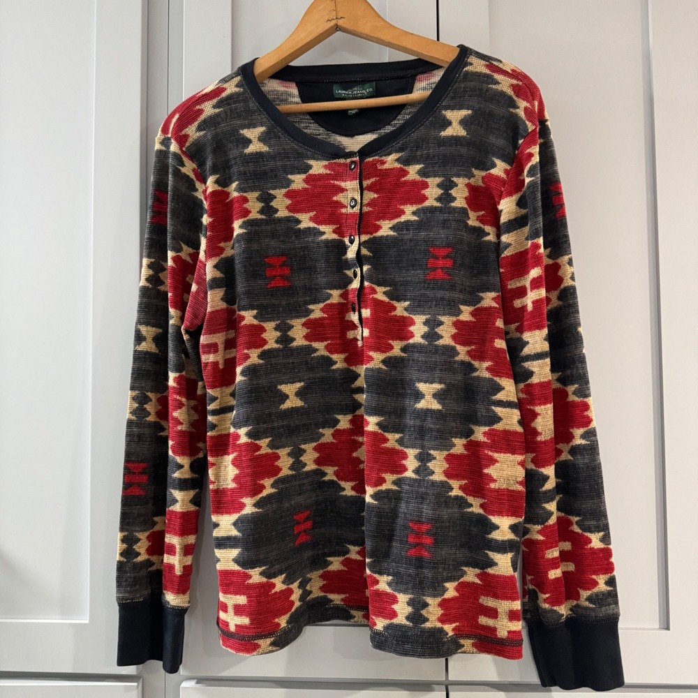 Lauren Ralph Lauren Aztec Southwestern Thermal Henley Shirt XL Red Gray Waffle